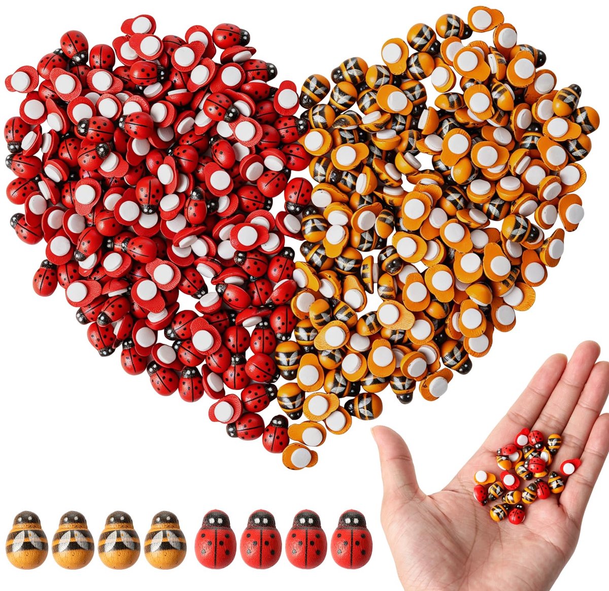 300 stuks mini-lieveheersbeestjes en bijen, houten decoratie, zelfklevende ladybug bijenversieringen, geschilderde bij & gloeikever decoratie voor babyshower, kostuum, handwerk, scrapbooking, hang