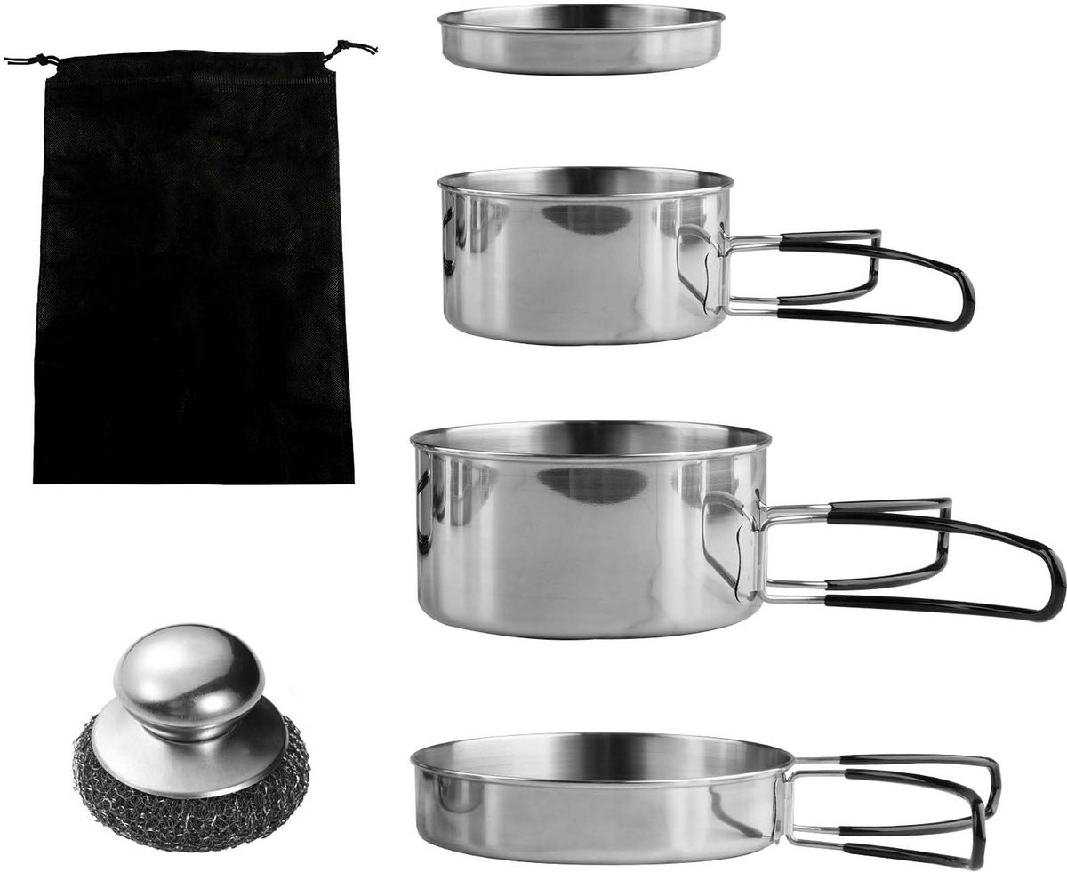 9-delig, outdoor campingkookgerei, roestvrij staal, voor 2-3 personen, opvouwbare outdoor kookpan, campingservies, pot, voor picknick, camping, wandelen