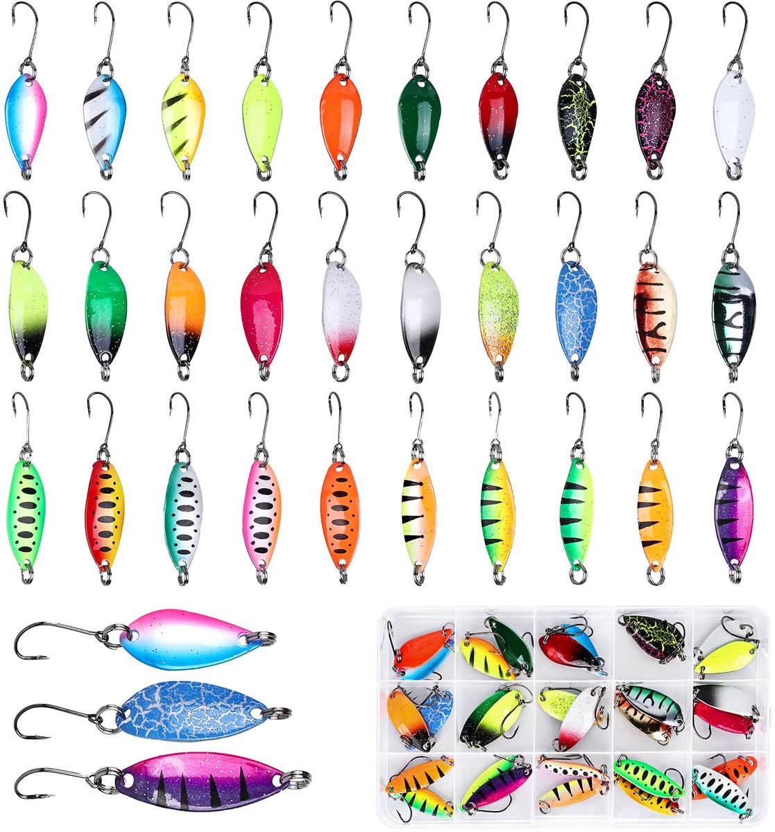 Forelaas, forelspinner, set 2 g, 3 g, 3,5 g, met doos, lepelaas, forelknipperlichter, set forellen, forel, spoons, forel, paillettenaas voor snoek, snoekbaars, baars