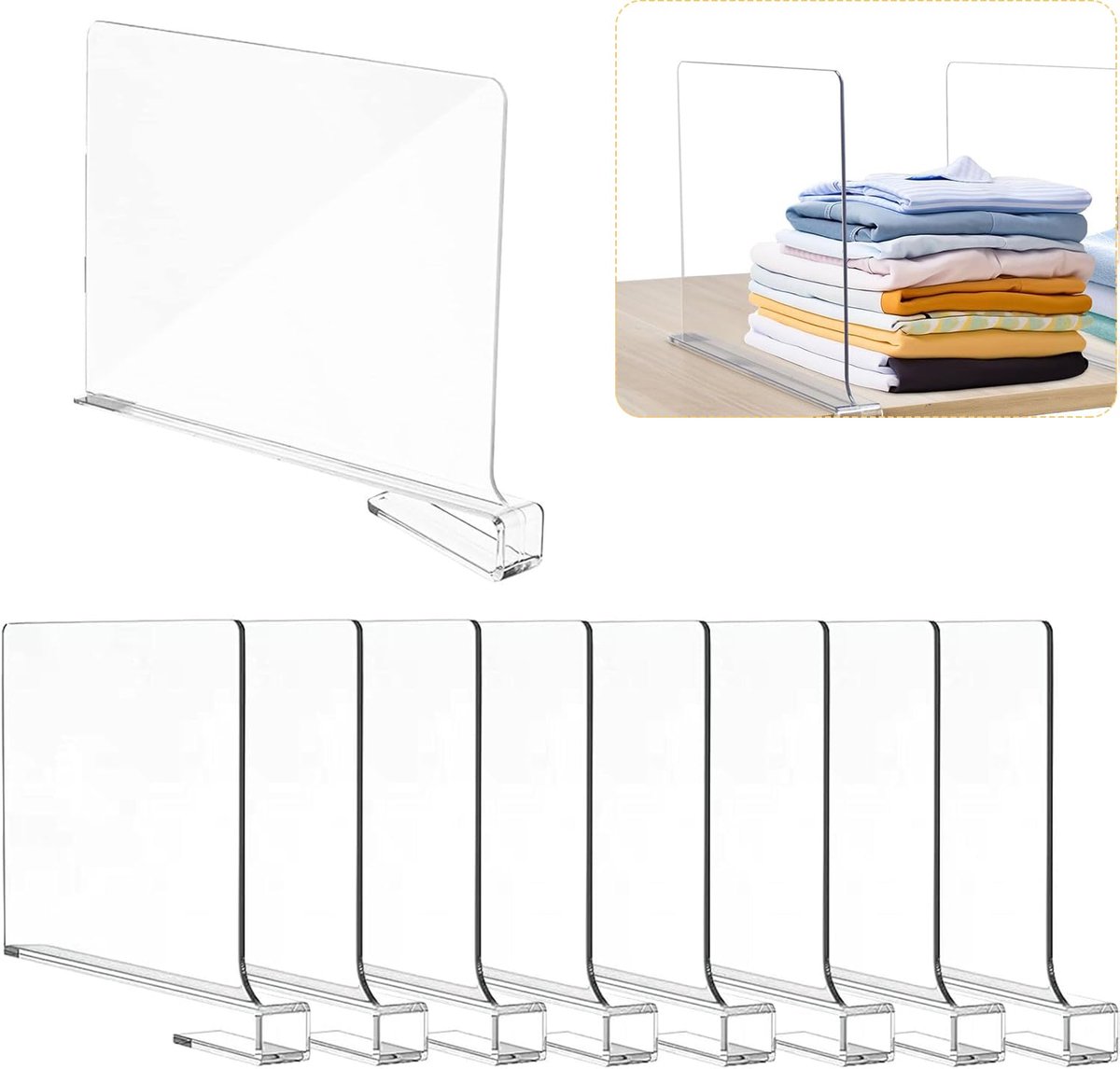 8 stuks transparante acryl plankverdelers, multifunctionele kledingorganizer, 30 x 20 cm plankverdeler, kledingkastscheider voor slaapkamer, keuken, boekenplanken, kasten