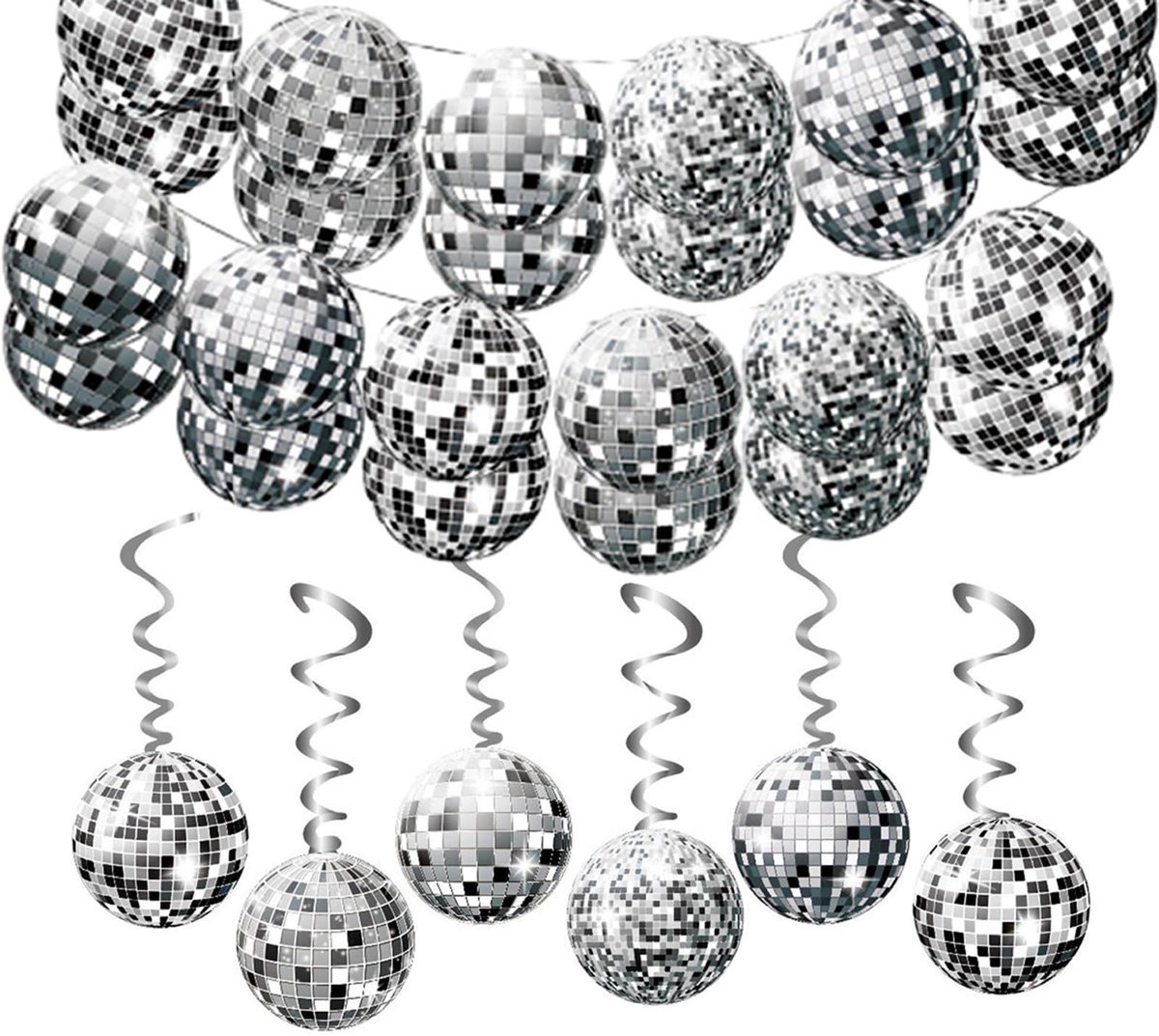 2 zilveren glitterballen banners + 6 hangende spiralen, discoslinger, spiraalvormige decoratie, feestdecoratie in jaren '70, 80 en 90-stijl