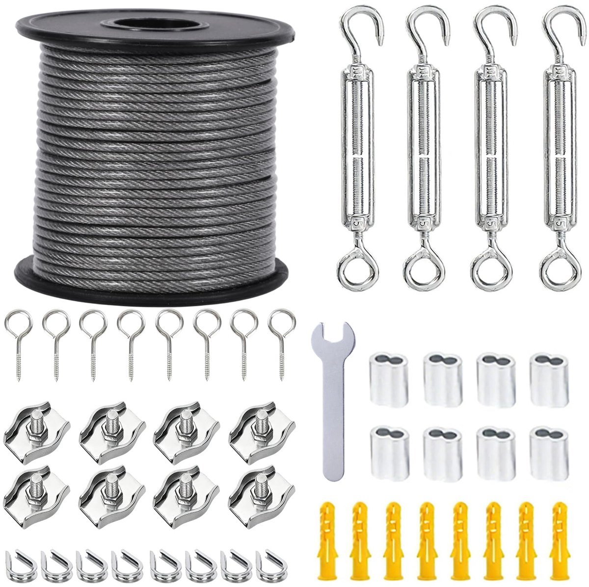 30 m Roestvrijstalen Kabel 2 mm, M5 Spansysteem met Ooghaken, Weerbestendige Staalkabel voor Waslijn, Tuin, Decoratie, Lichtophanging en DIY Projecten (30m*2mm)