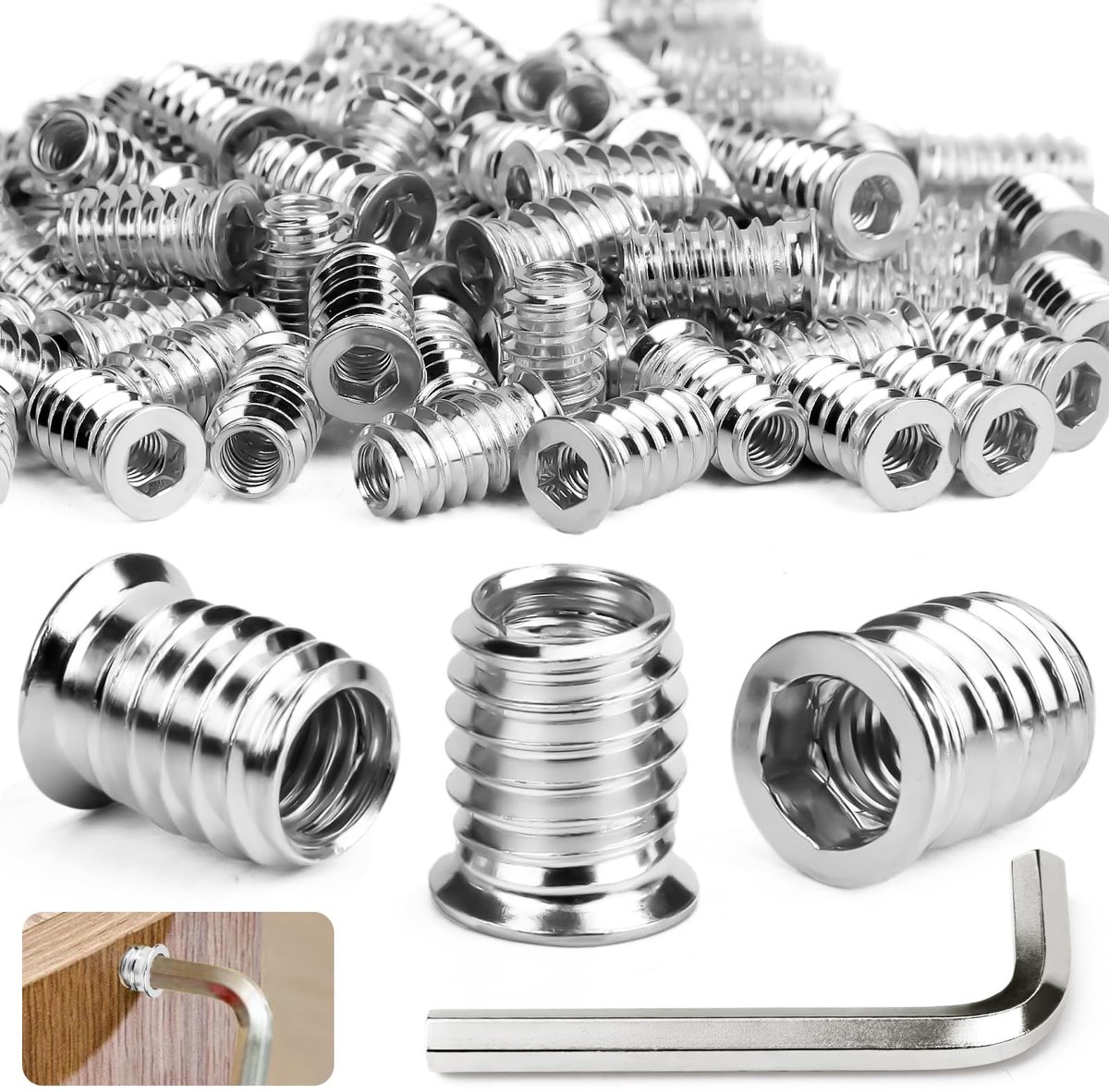 M6x25 mm inschroefmoer 30 stuks Gewindeeinsatz hout M6 inschroefmuttern Hex binnenzeskant draadinzethulzen verzinkt voor staal kiefernhout multiplex composietplaten