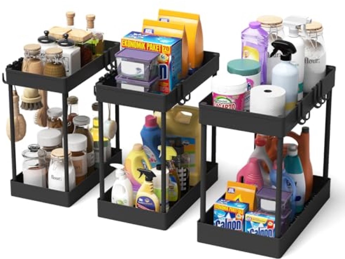 Huis Geluk Set van 2 opbergvakken voor onder de gootsteen - Uittrekbare lade en vaste mand - 21 cm hoog, 35,5 cm breed - zwart