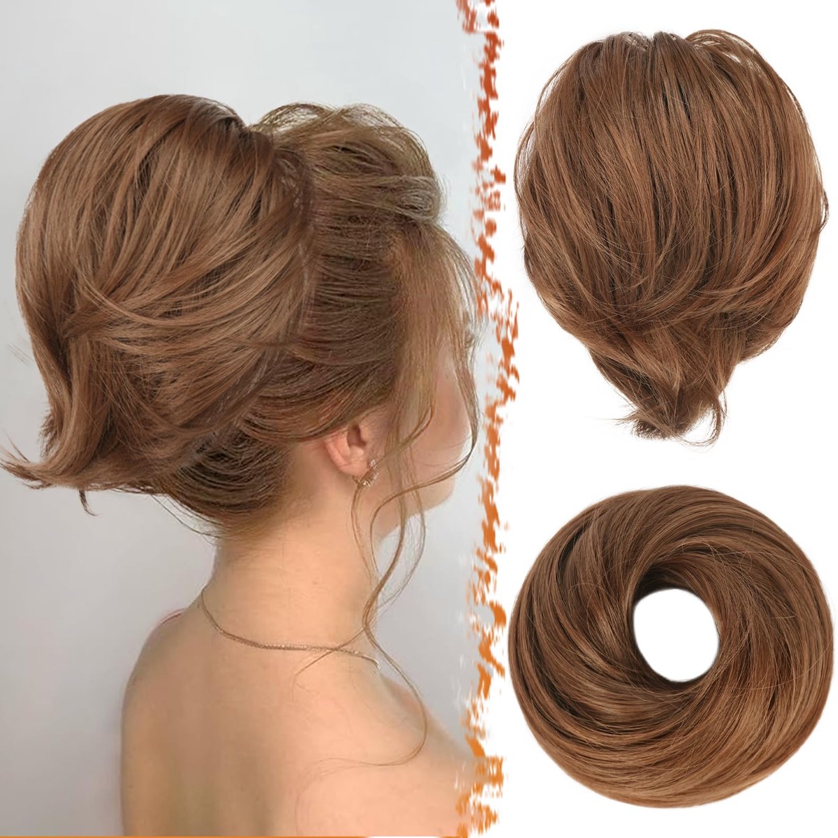 Haar Knot Paardenstaart Extension, Rechte Synthetische Korte Paardenstaart Knot Haarextensies Elastische Knot Haar Scrunchie Haarstukje voor Vrouwen Meisjes (Gouden Koper & Licht Bruin)