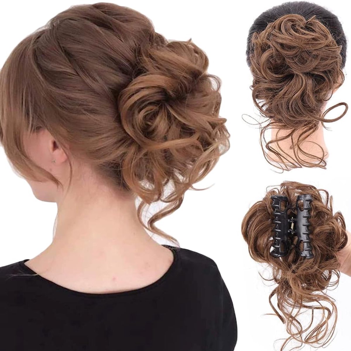 Haarstukjes, knot met clip, haarstukjes van echt haar, haarstukje, knot haarstukje, paardenstaart, verlenging, klauw clip, krullend, haarstukje met elastische clip, voor dames (lichtbruin)