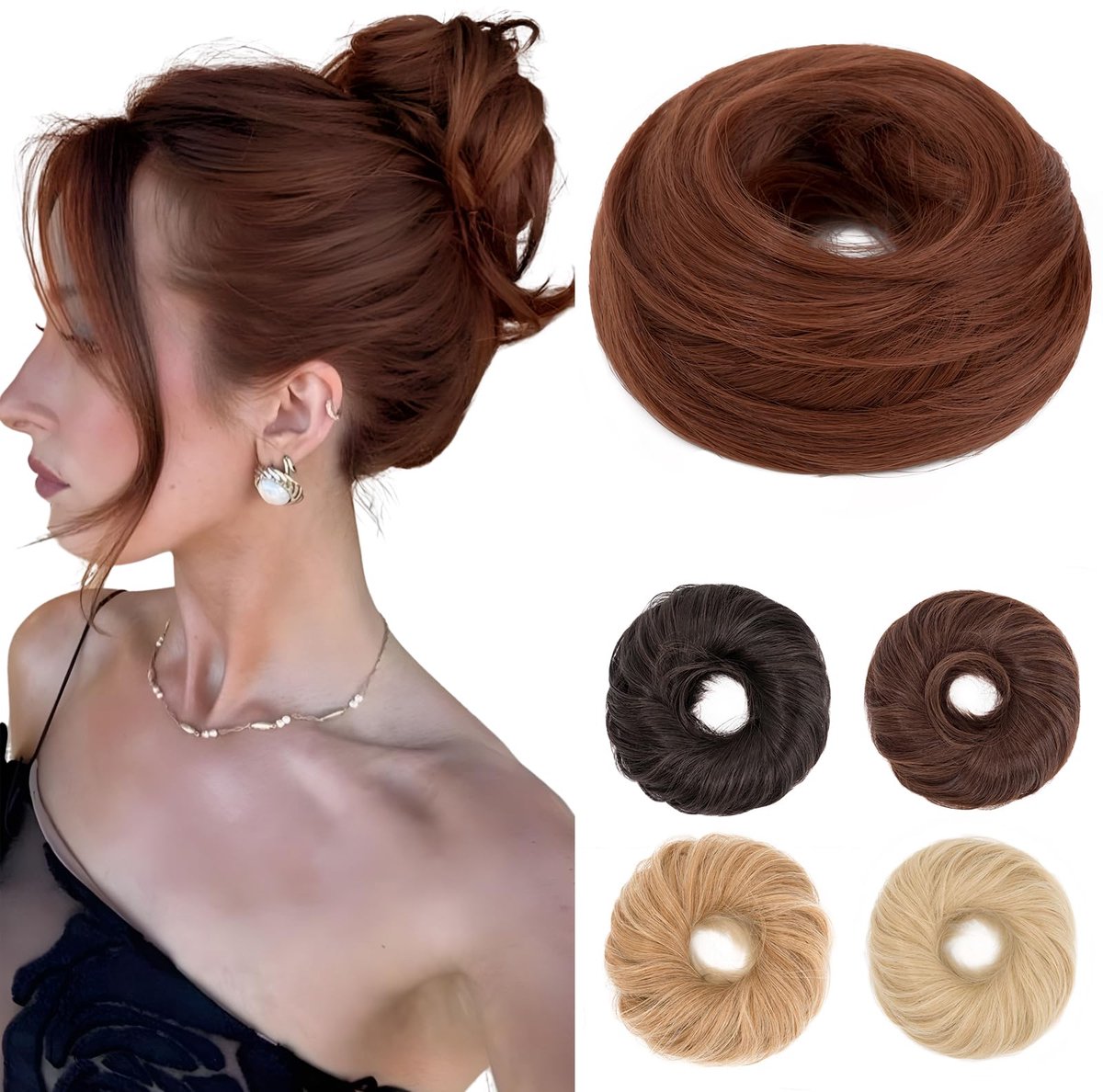 Haarstuk met elastiek, knot, haarstukje, haarelastiek met haar, synthetische haarverlenging, haarknot, Messy Bun voor dames en meisjes (bruin met highlight, 55 g)