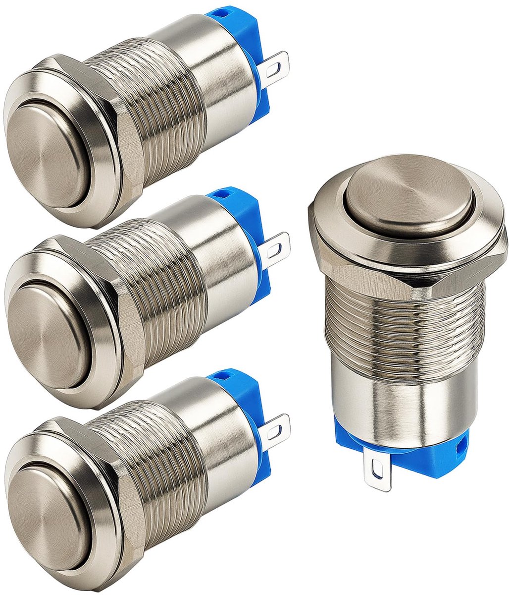 4stuks 12mm 3A 12V/24V/125V/250VAC Waterdichte Drukknop Vergrendeling Vernikkeld Koper Drukknop Aan-Uit (Hoge Kop)