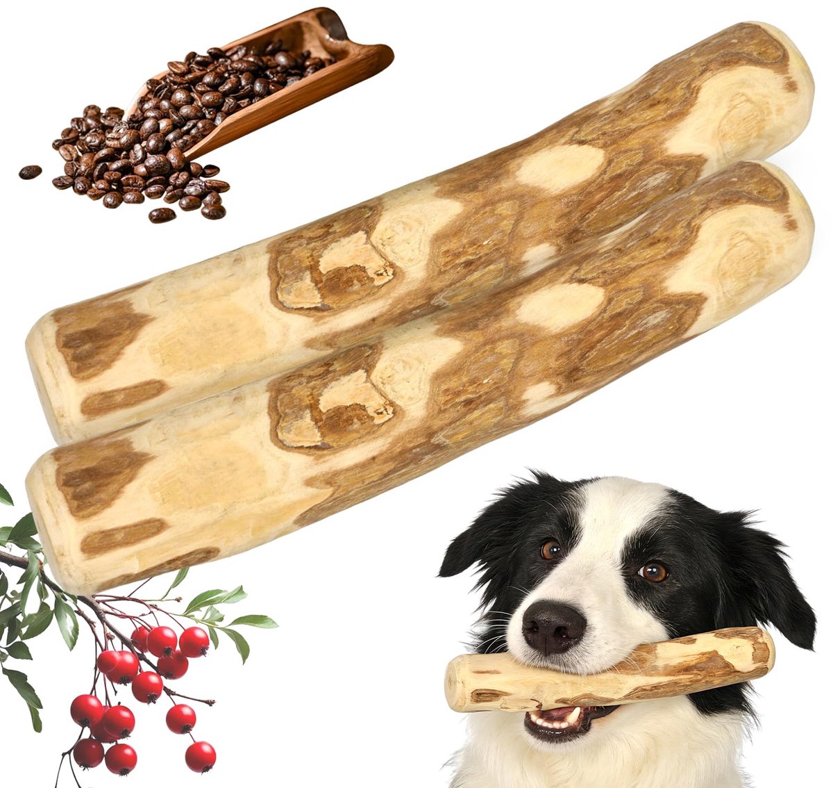 Koffiehout voor honden, 2 stuks, natuurlijk kauwhout voor tandverzorging en stressvermindering, langdurig kauwspeelgoed voor middelgrote en grote honden, cafeïnevrij, maat M (21 x 3,5 - 3,7