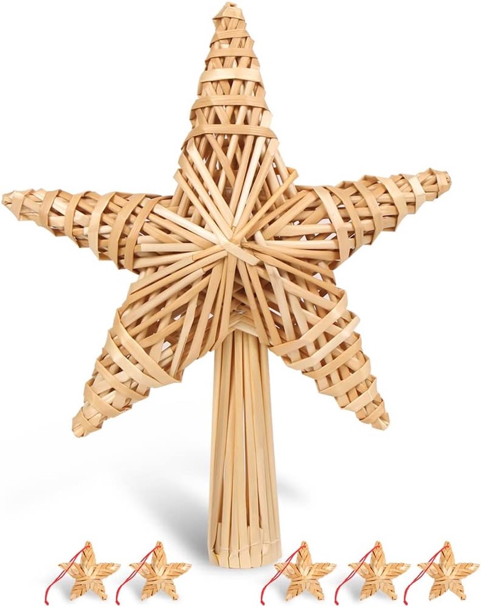 ster van stro, kerstboompiek, ster, handgemaakt, stroster, groot, met 5 stuks mini-strosterren voor kerstboomversiering