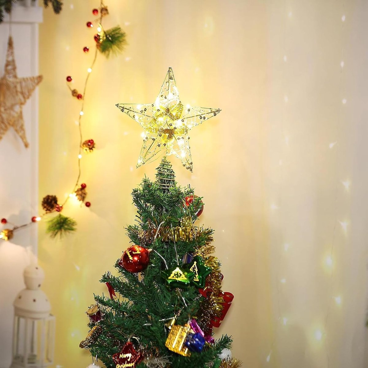 kerstboompiek, 25 cm kerstboompiek van gouddraad met 20 leds, stroomvoorziening via batterij, kerstboompiek, ster kerstboom
