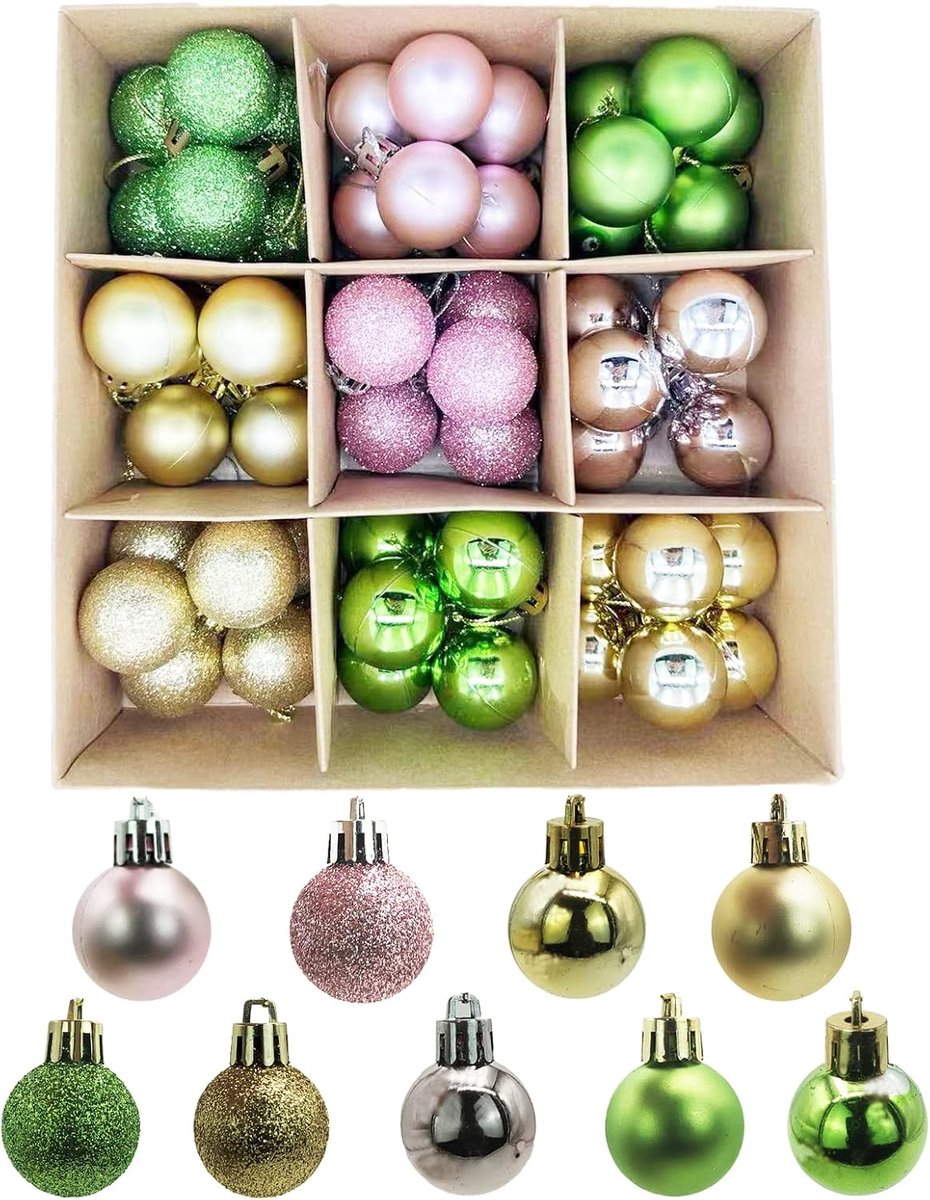 Kerstballen, kunststof, kerstdecoratie, zilver en goud, 54 stuks, in 6 kleuren, kerstballen, set met ophanghaakjes, onbreekbaar, plastic, mini-kerstboomversiering