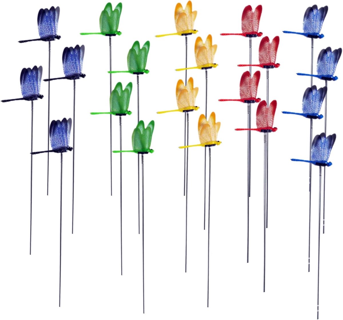 3D Dragonfly tuinpalen - 25-delige set - veelkleurige PVC insectenornamenten op palen van 25 cm - levendige buitentuin en plantenbakdecoratie voor gazon, terras en bloembedden