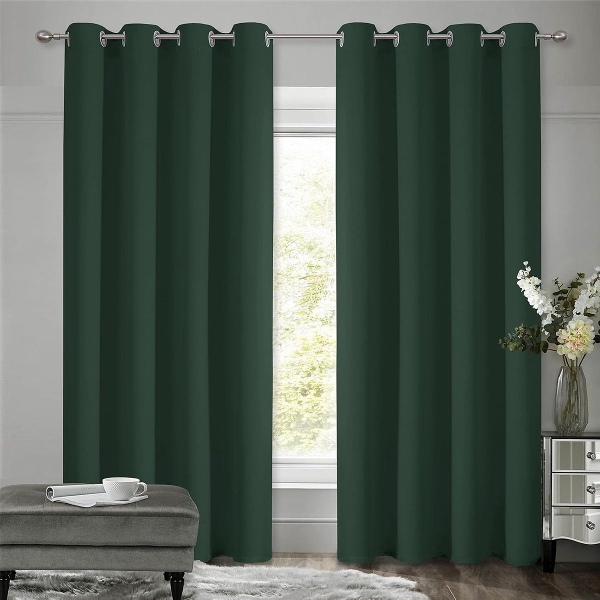 Verduisteringsgordijnen met ringen, gordijn, ondoorzichtig, thermogordijn, koudebescherming, gordijnen, slaapkamer, set van 2, H 175 x B 140 cm, donkergroen, gordijnen voor woonkamer