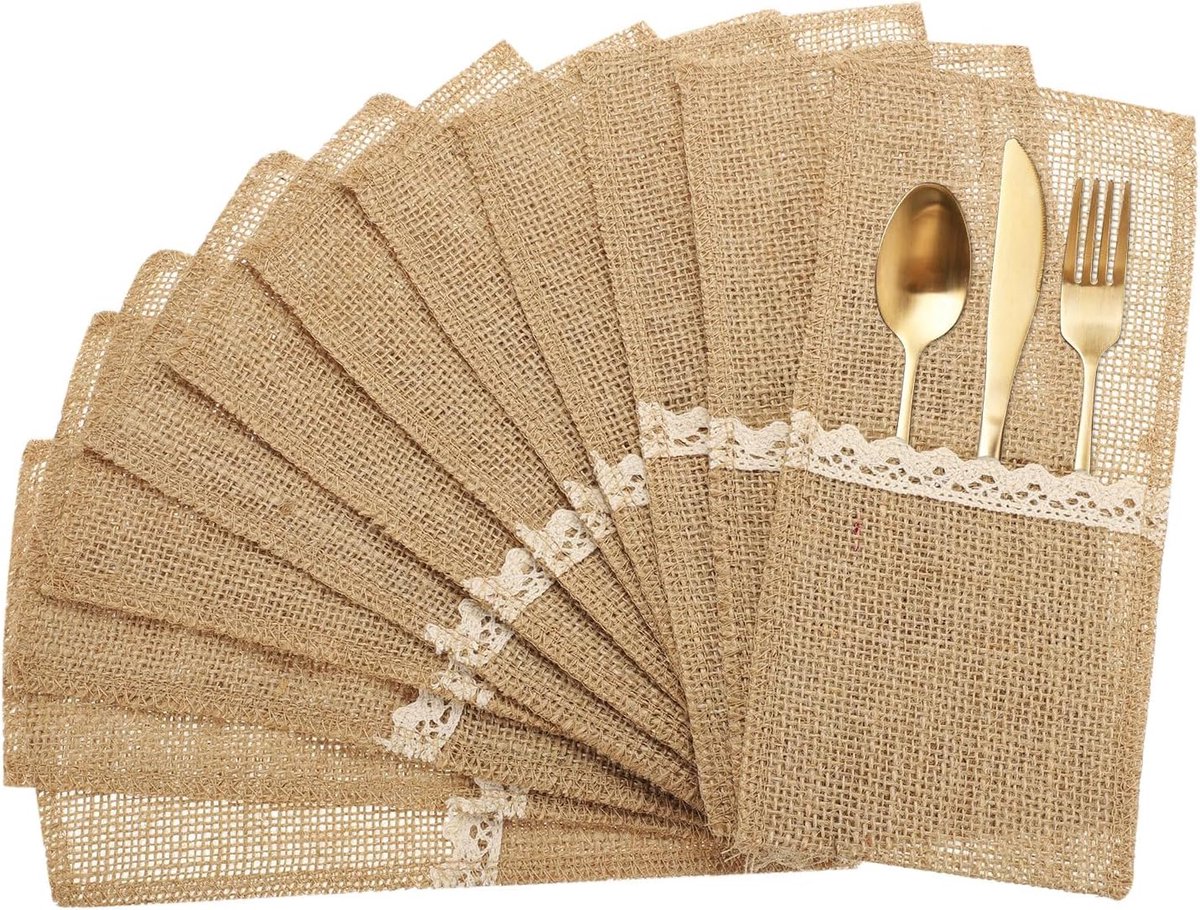 12 stuks jute kant bestekhouders, 10 x 20 cm, bestektas, zilverwarenhouder, natuurlijke jute tas, jute servettentas voor bruiloftstafeldecoratie