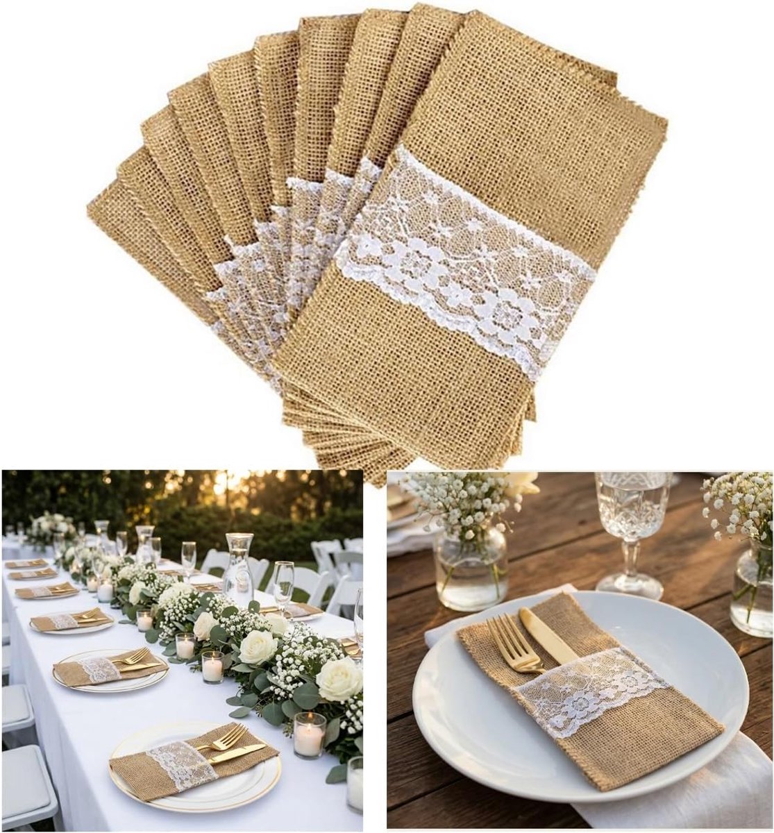 Bestekzakken van natuurlijk jute, witte kant, 10 stuks, 21 x 11 cm, zaklinnen, bestekszakjes, messen, vorken, bestekhouder, tuinfeest, bruiloftsdecoratie voor bruiloft, feest, verjaardag, bruidsdouche