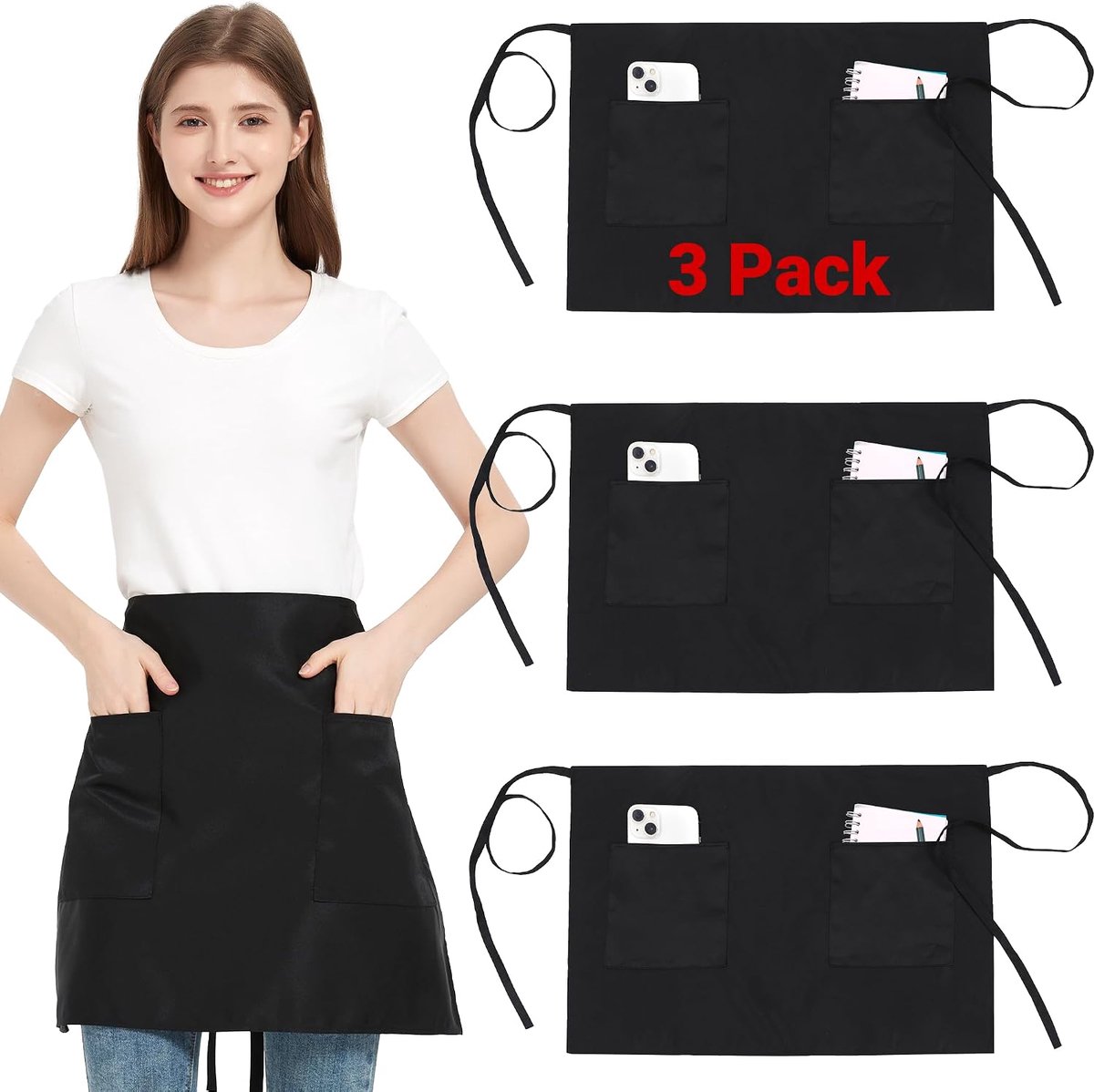 3 Pack Taille Schort met 2 Zakken, serveerster oberschorten voor dames en heren, waterbestendige serveerschorten met lange bandjes, bistroschort voor restaurant, server