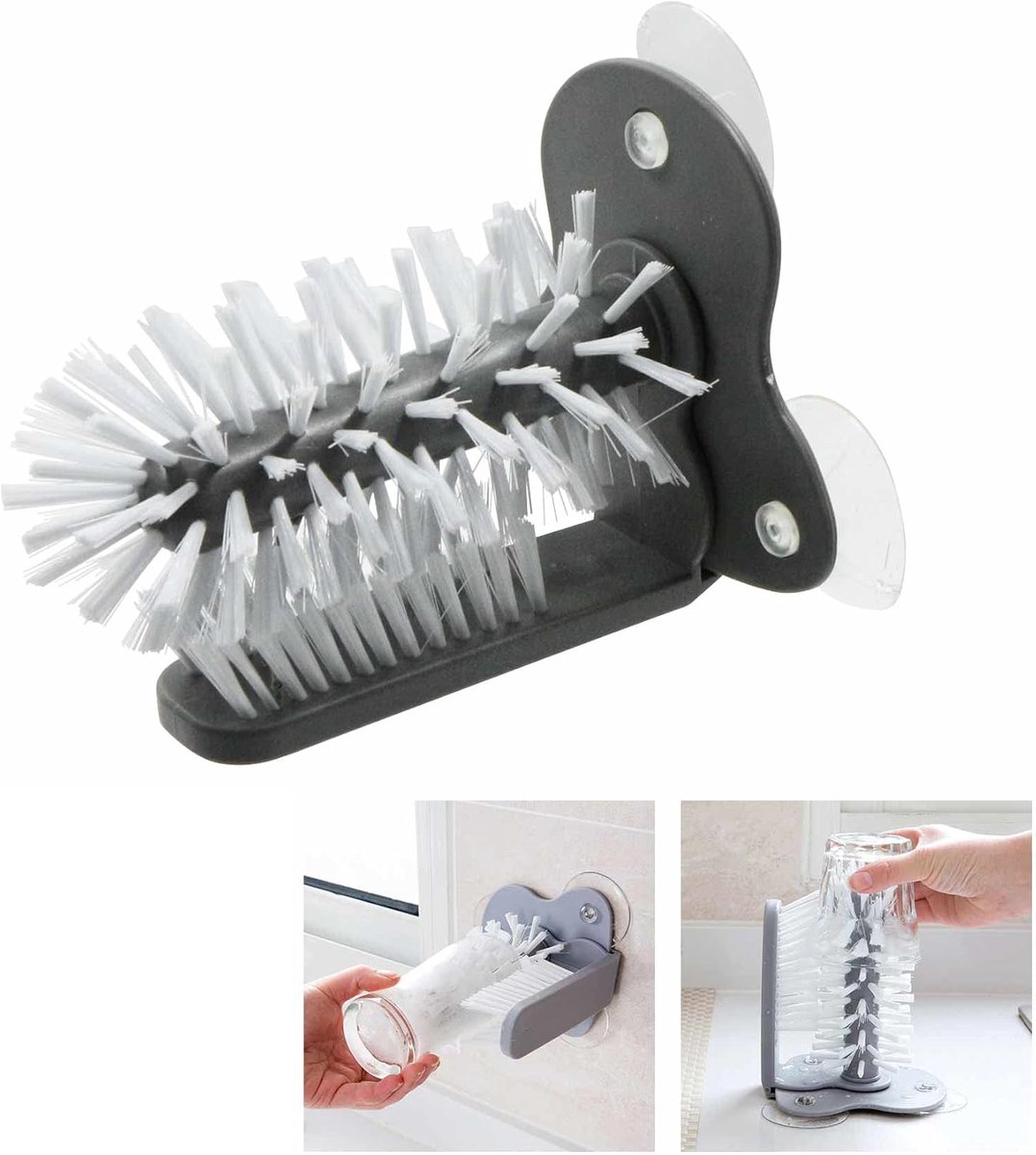 dubbelzijdige borstelborstel, reinigingsborstels, glasborstel van nylon met zuignap, glasspoeler voor keuken, bar, gootsteen, reinigingsgereedschap, borstel voor flessen, glazen
