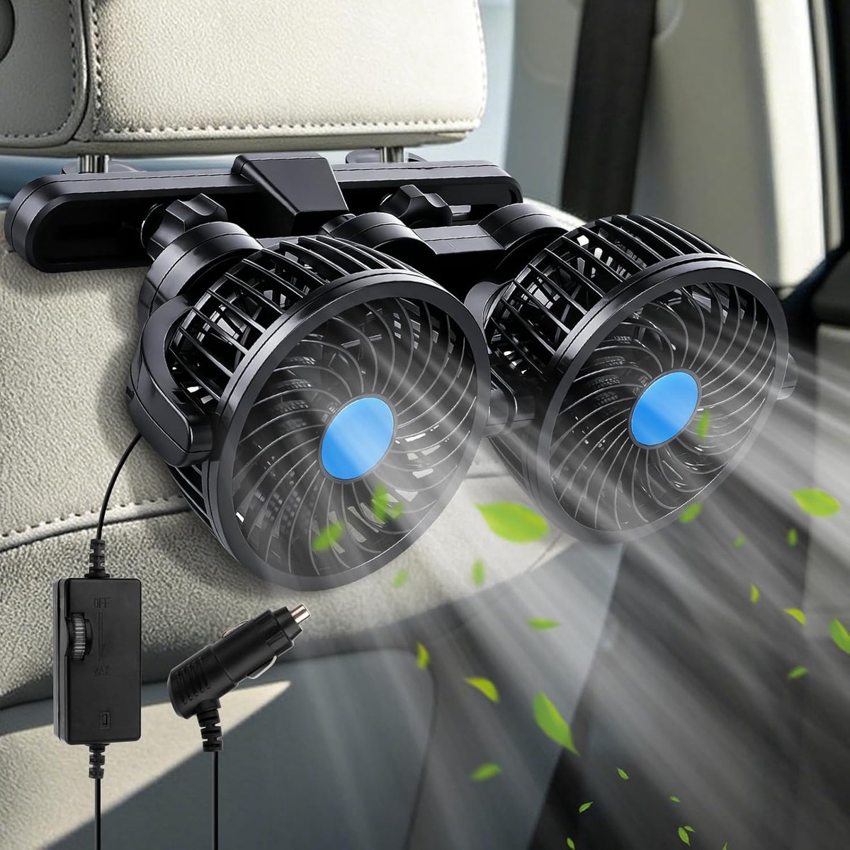 Autoventilator, 12 V dubbele kop, autoventilator, dubbele kop, 3 snelheden, 360° draaibare stille ventilator voor vrachtwagens, boten, SUV's, campers