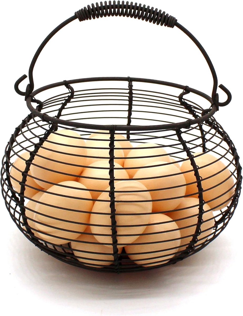 Rustieke eiermand van draad met metalen handvat Primitieven Vintage verzamelmand. Roestig