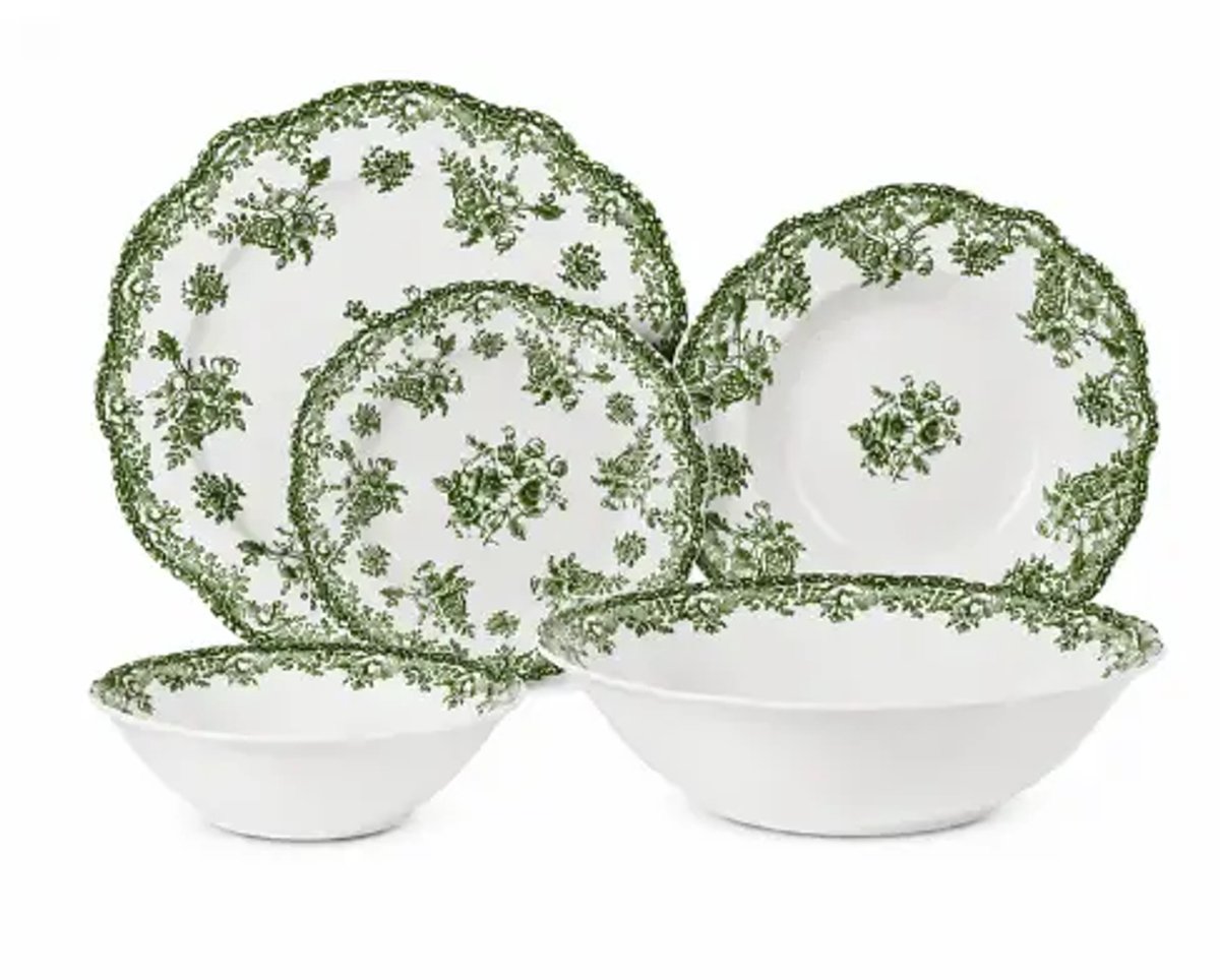 Vintage 25-delige serviesset – rustgevend, natuurlijk – groen – 6 pers., 10,5 inch