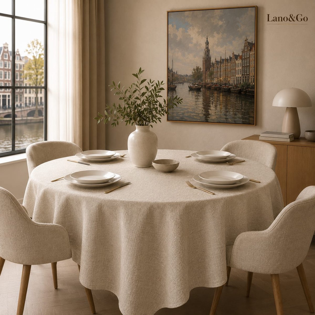 Lano&Go Linnen beige tafelkleed rond 140 cm - afwasbaar en weerbestendig tafellinnen voor binnen en buiten