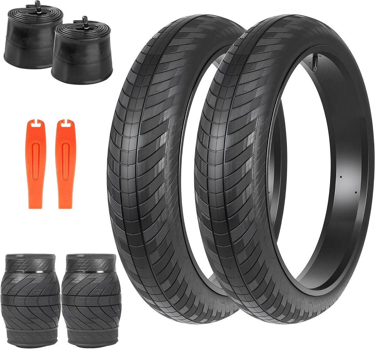 Fatbike Banden 20 x 3.0 Inch - Set van 2 Buitenbanden en 2 Binnenbanden - Inclusief 2 Bandenlichters - ETRTO 76-406