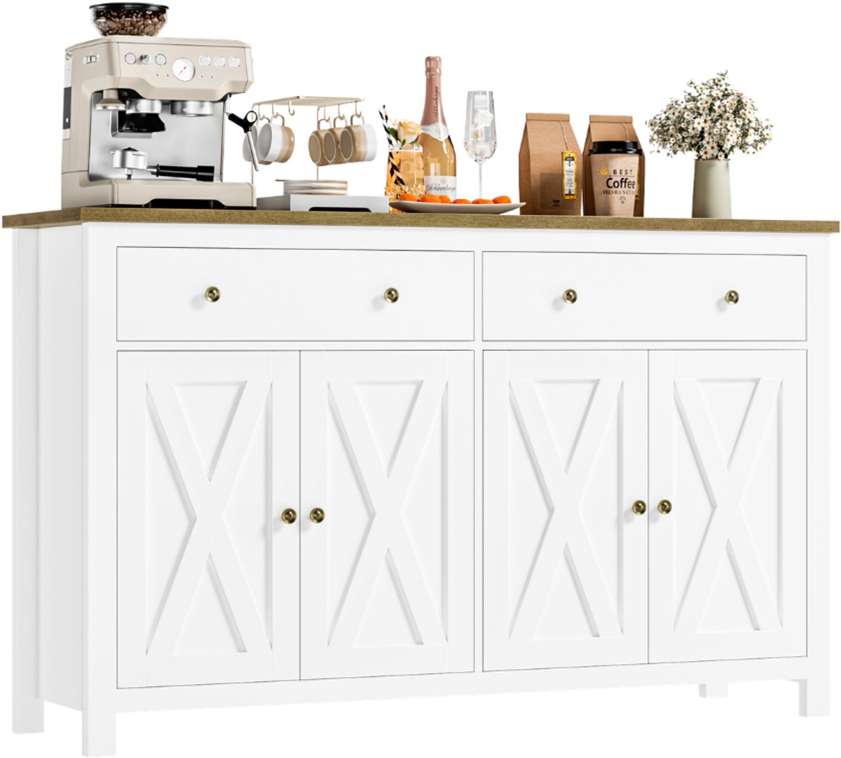 Sideboard – Voor Woonkamer & Eetkamer – Storage Cabinet met 2 Lades & 4 Deuren – Wit 140x40x89 cm