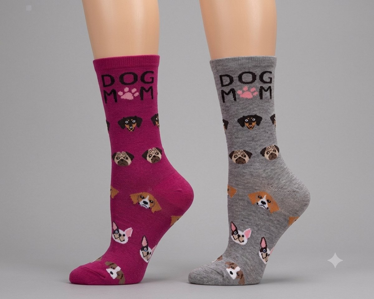 Dog Mom Bamboo Dames Crew Sokken - 2 Paar - Festival Fuchsia / Med Gray Heather - Maat (9-11)
