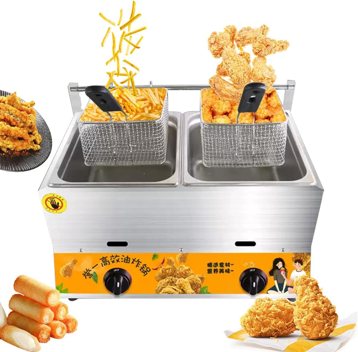 Commerciële Friteuse - Dubbele Friteuse Gas - Professioneel Frituren - Grote Capaciteit - 2x10L - Zilver