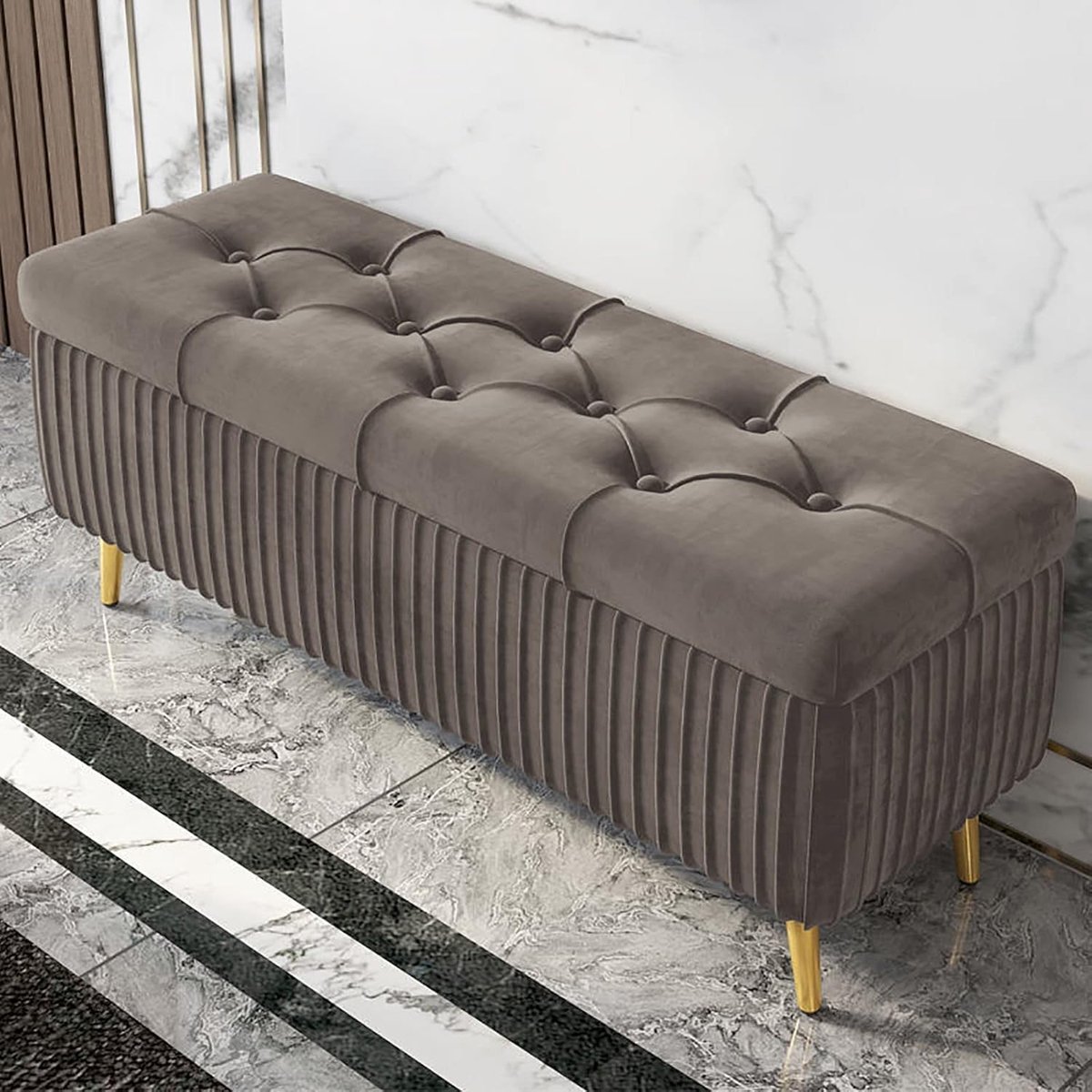 Ottomaanse Sofa - Opbergbank Poef - Extra Zitplaats - Gouden Metalen Poten - 80x40x45cm - Grijs