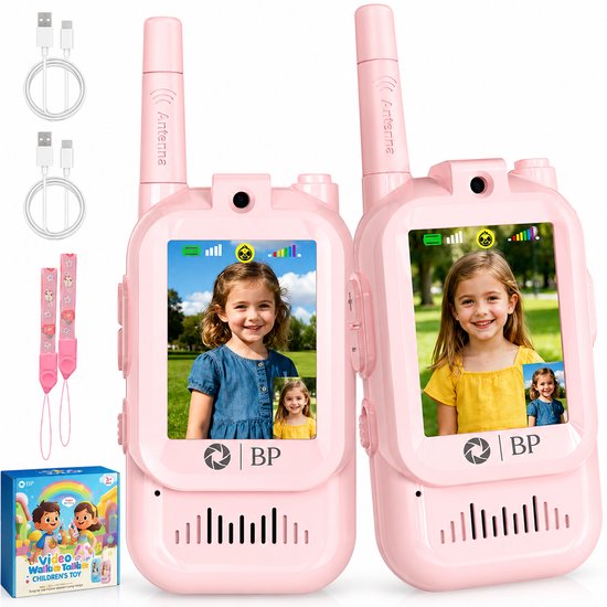 Roze BP walkietalkies met schermen, twee USB-C kabels en draagkoorden. Box van de 'Video Walkie Talkies Children's Toy'.