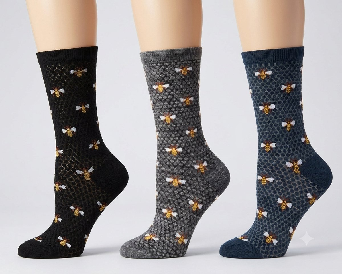 Honeycomb & Bee Bamboo Crew Dames crew sokken - 3 Paar- Asphalt / Black / Legion Blue - Maat 9-11