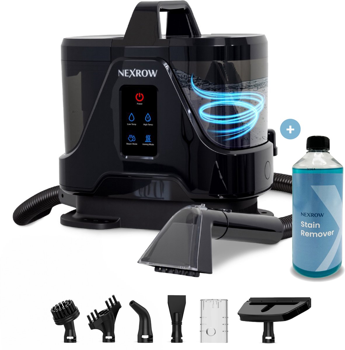 NEXROW® DELUXE 4-IN-1 Vlekkenreiniger - Tapijtreiniger en-Stoomreiniger - 7 Opzetstukken - 100° Stoom - 1700 W - Bank Reiniger - Zetelreiniger - Reinigingsmachine - Matrasreiniger - Handstomer - zwart