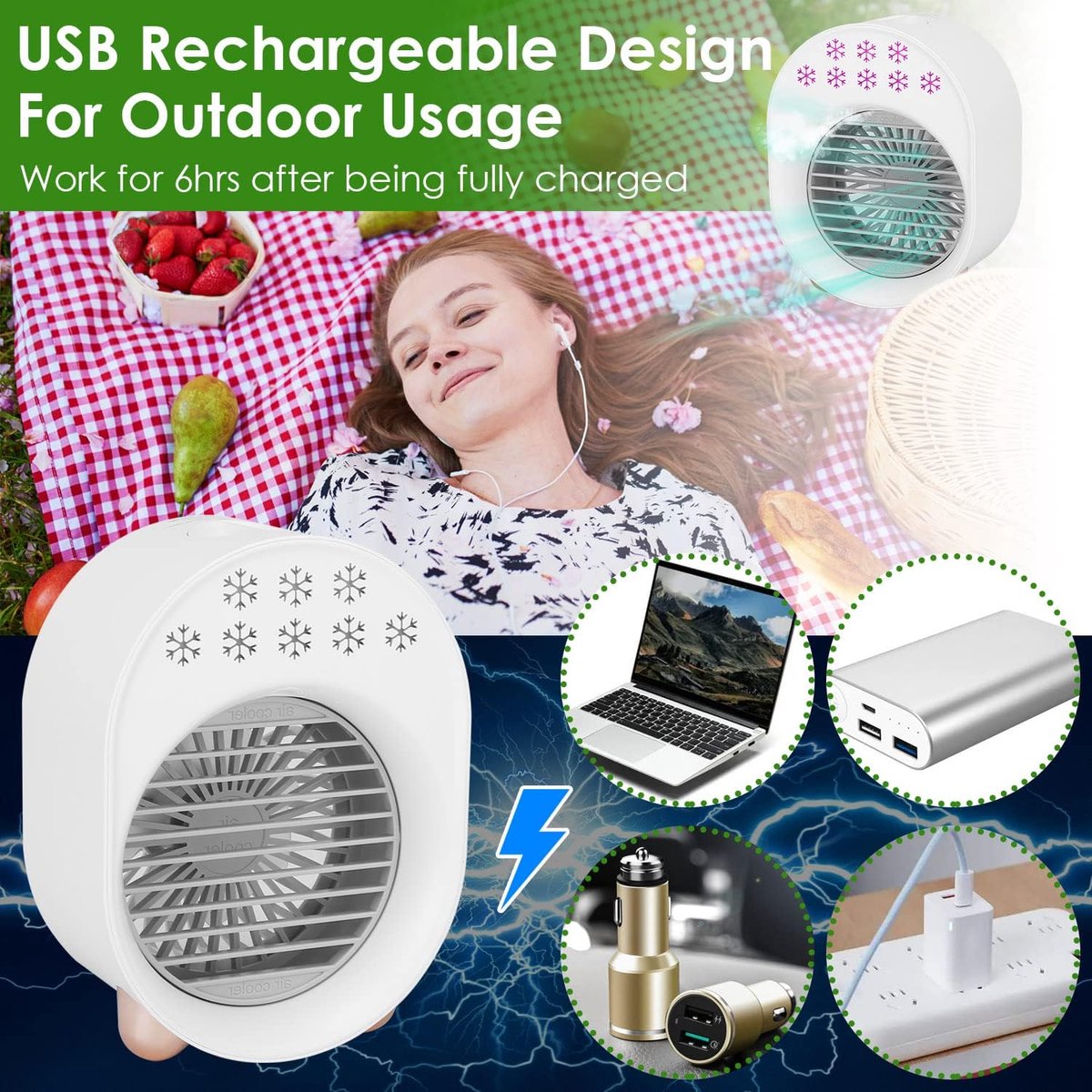 Mobiele airconditioner - Ventilator - 4-in-1 draagbare desktop aircooler - USB oplaadbare luchtkoeler met waterverneveling - 3 windsnelheden - LED Verlichting - geschikt voor slaapkamer - auto - caravan en camping - sproeistanden – foto 3