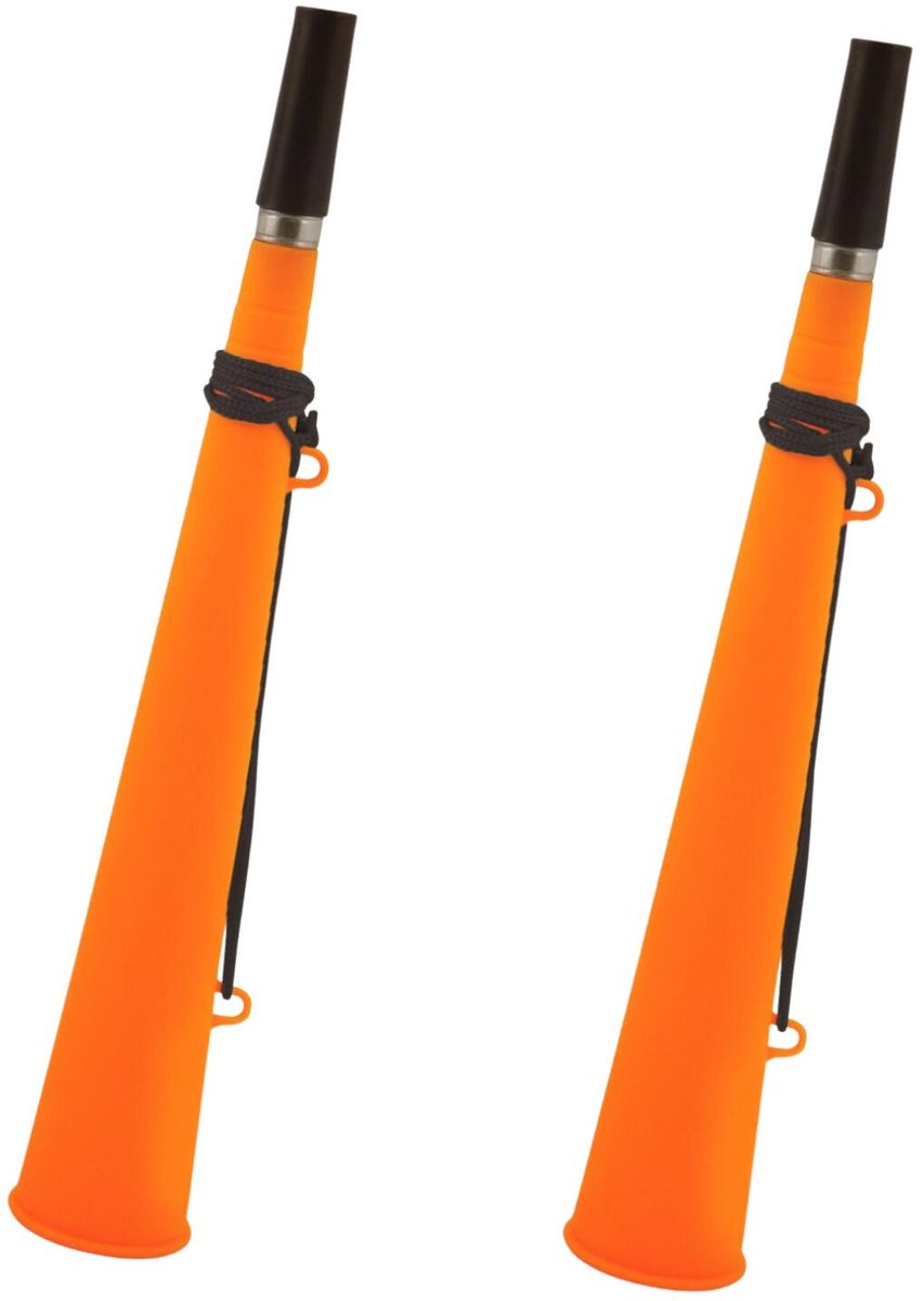 Henbrandt feest / party blaas toeters - set 2x stuks - neon oranje - 37 cm - feestartikelen verjaardag - geluidmakers - hoorns - supporters
