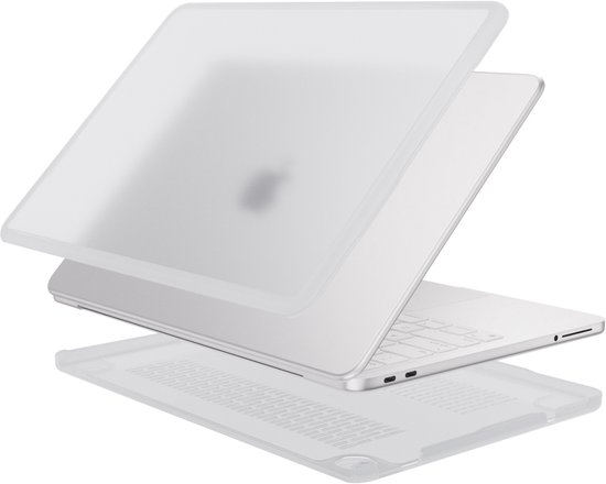 Een zilverkleurige laptop met een grijze, doorschijnende hoes, met de bovenste helft van de hoes los boven de laptop en de onderste helft eronder.