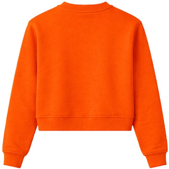 Achterkant van een effen oranje trui met lange mouwen.