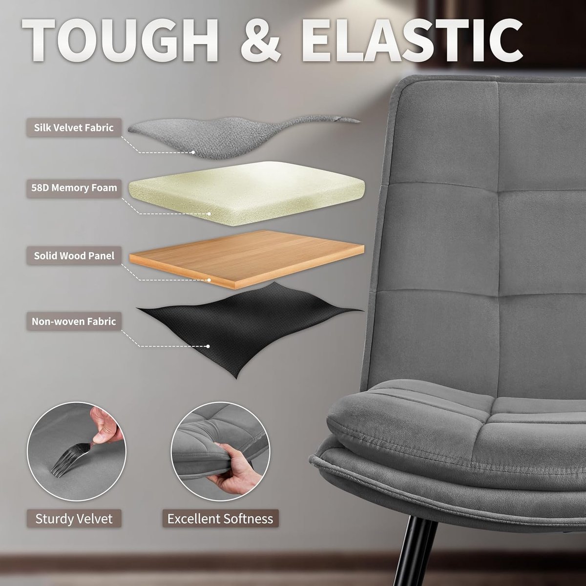 Eetkamerstoelen Set van 2 – Fluweel Gestoffeerde Stoelen met Armleuningen en Rugleuning – Luxe Designstoel met Metalen Poten – Ergonomische Keukenstoel voor Eetkamer, Woonkamer en Keuken – 74 x 46 x 52 cm – Grijs – Mobili Bella