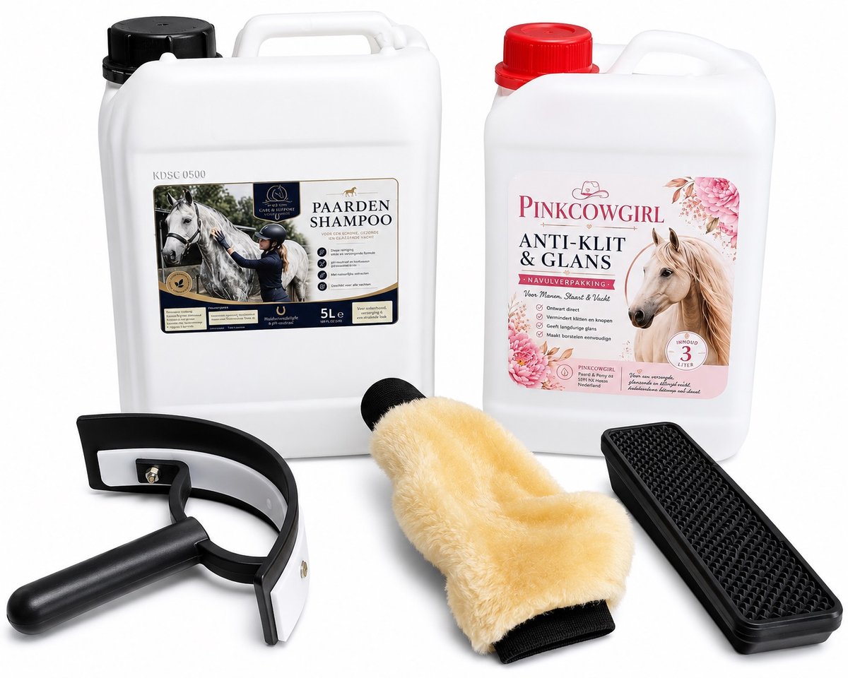 Paard - shampoo - anti klit - kado set - borstel - zweetschraper - zweetmes - massage - grooming