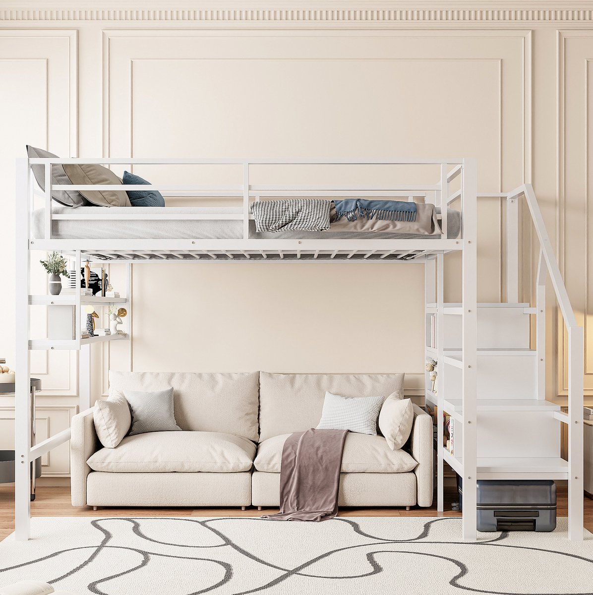 MEUNIQ Hoogslaper 140x200 cm met legplanken, opbergtrap en uitvalbeveiliging, kinderbed met vrije ruimte onder het bed voor de kinderkamer, wit, zonder matras White