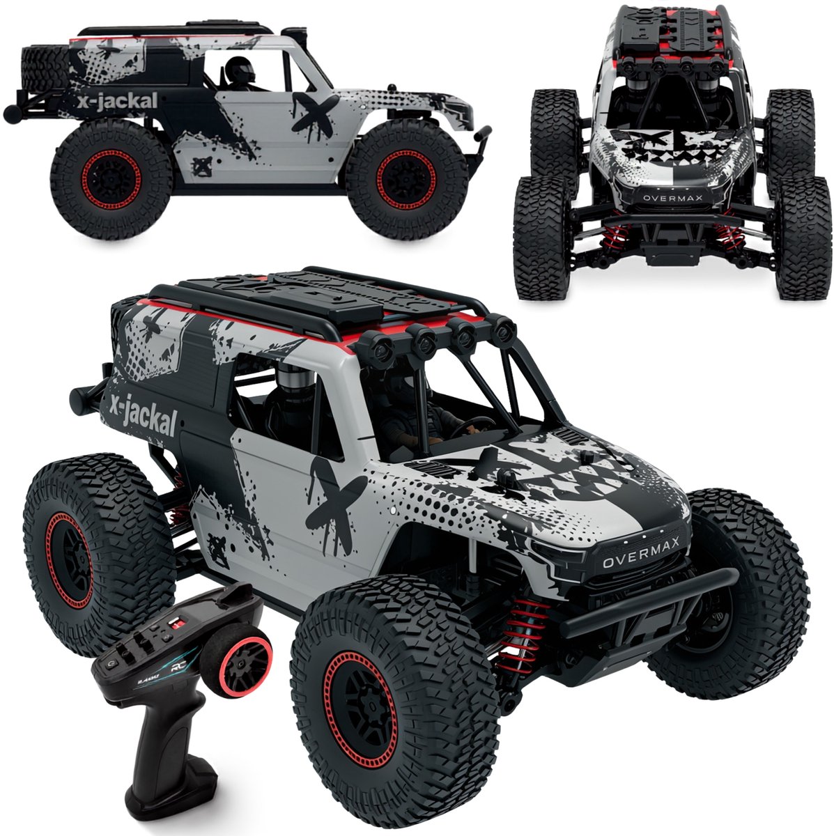 Overmax X-Jackal RC Auto - Monster Truck 4x4 – RC Car 1:20 – Tot 30 km/u – 370 Brushed Motor – LED Verlichting (5 kleuren) – Versterkt Chassis – Veervering – RTR – Li-Ion 7,4V 600 mAh – Offroad Radiografische Auto
