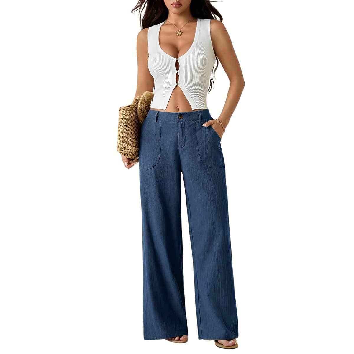 Currero Linnen Broek Dames Zomerbroek Volwassenen Lange Broek Pantalon Strandbroek Zomer Ibiza Stijl Paarsblauw