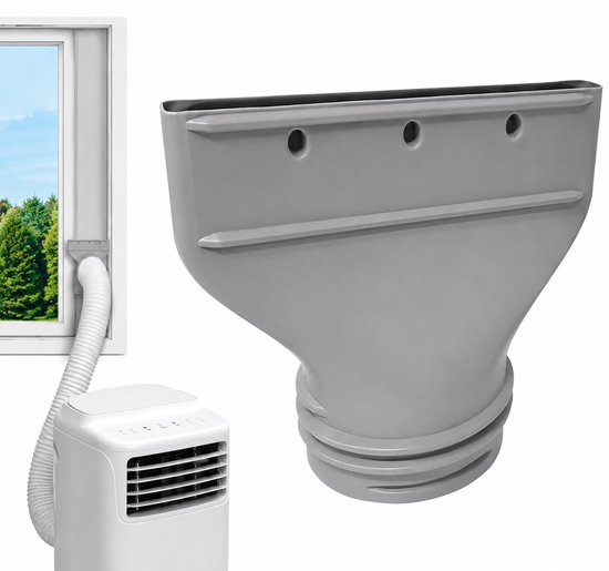 Grijze, platte mond van een airco-afvoerslangadapter, bevestigd in een open raam met een flexibele slang en een witte mobiele airco.