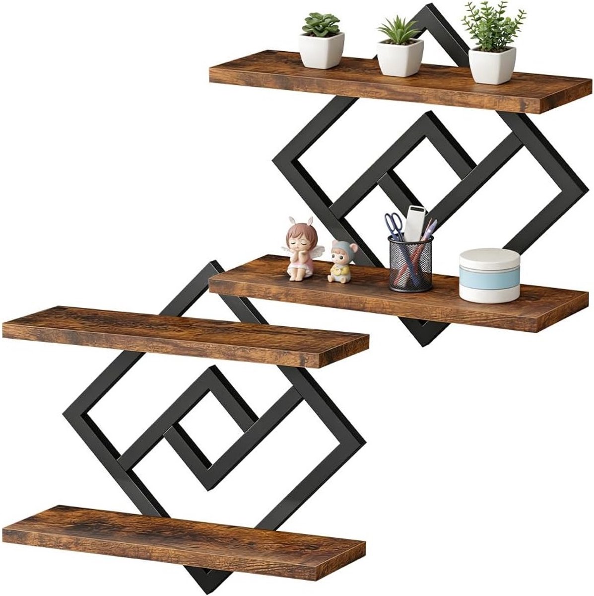 Set van 2 Zwevende Wandplanken van Hout en Metaal voor Woonkamer, Slaapkamer en Keuken, Rustiek Bruin en Zwart, Decoratieve Opbergoplossing