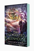 Couverture du livre 'The Enchanted Greenhouse' avec une serre hivernale et un chat noir ailé.