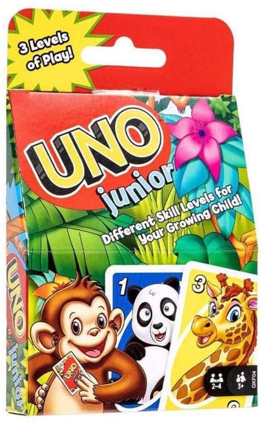 Doosje UNO Junior kaartspel met aap, panda en giraf.