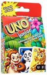 Doosje UNO Junior kaartspel met aap, panda en giraf.