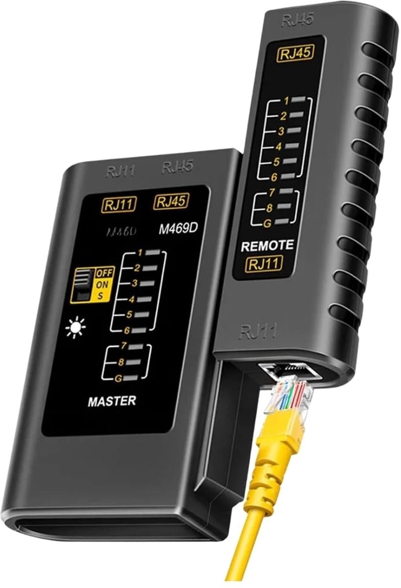 Netwerkanalysator - Kabel tester - Netwerk controleren - RJ45 RJ11 - 11x11x11 cm - Geel
