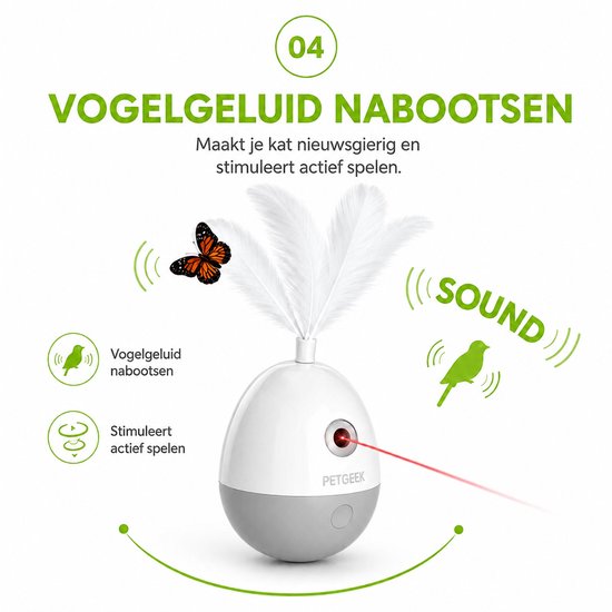 Wit kattenspeeltje met laser, veren en vlinder. Toont vogengeluid en stimuleert spel. Geluidssymbolen zichtbaar.